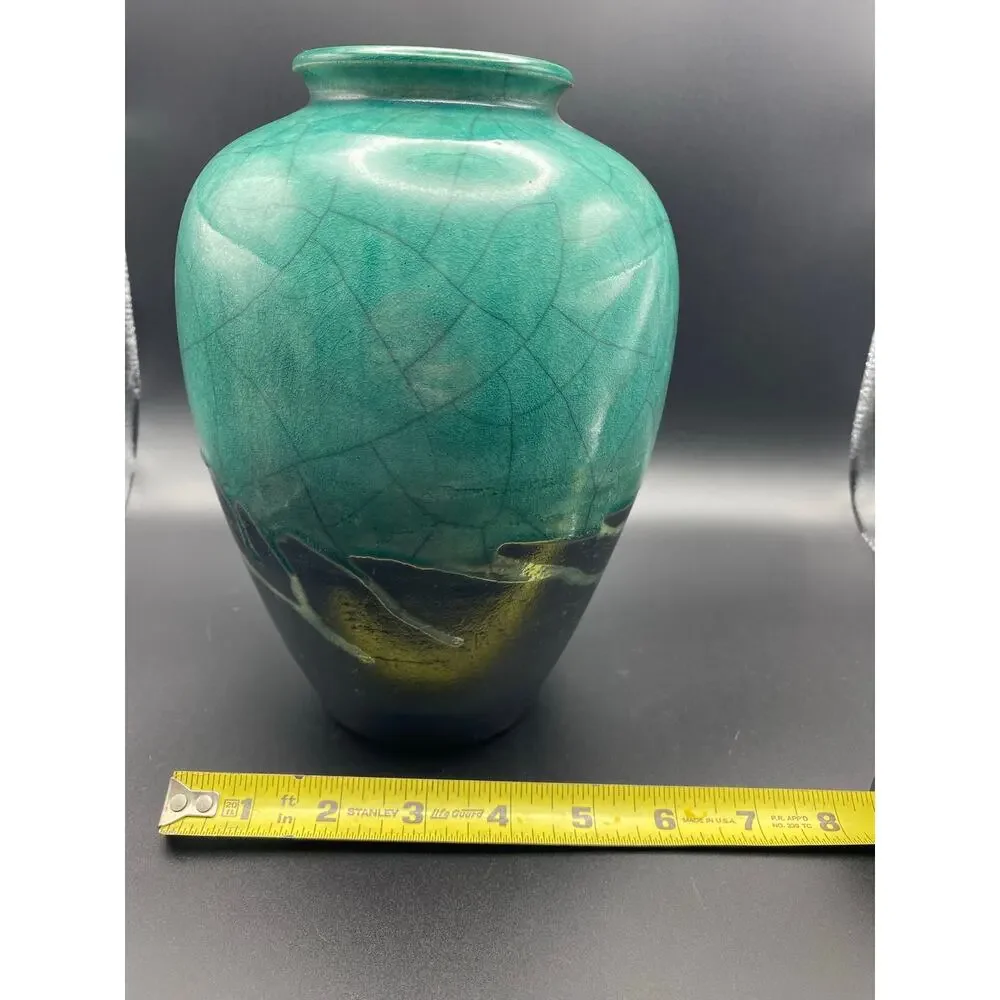 John Melkonian California Raku Studio Pottery Vase Turquoise and Black Crackle,